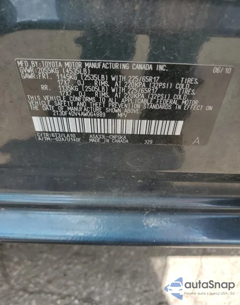 2010 Toyota Rav4 Limited из США, поврежденный, VIN 2T3DF4DV4AW064889